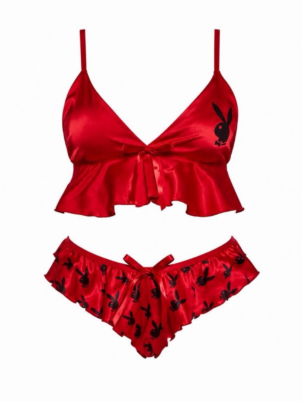 PLAYBOY Red Satin Ruffle Bralette & Ruffle Briefs Set